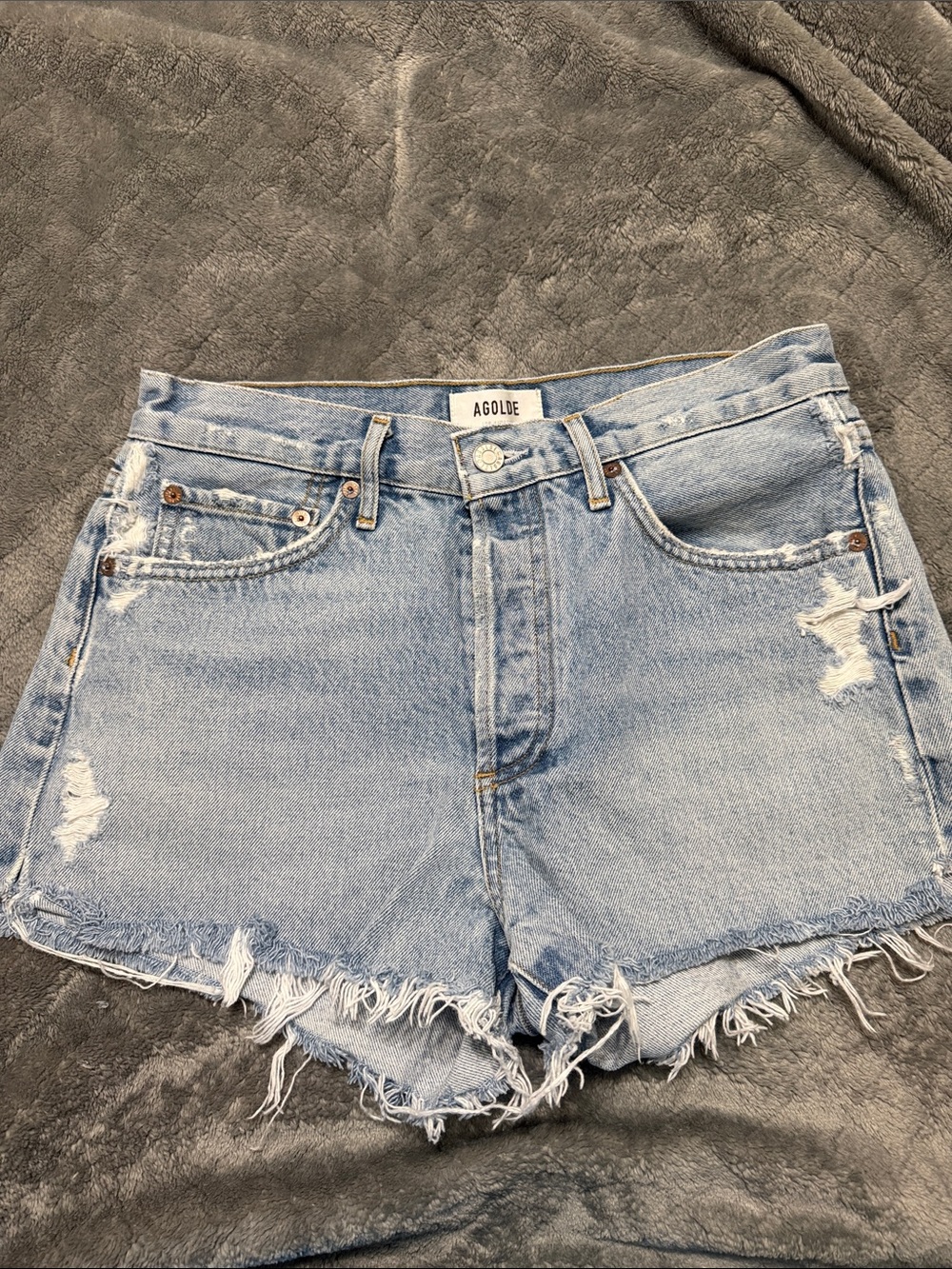 Agolde Light Blue Distressed Denim Shorts